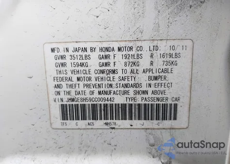 2012 Honda Fit Sport from USA, damaged, VIN JHMGE8H59CC009442